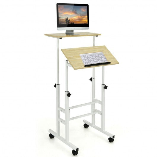 Height-adjustable Mobile Standing Desk with Split Top and Adjustable Angle-Natural