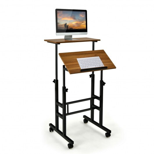 Height-adjustable Mobile Standing Desk with Split Top and Adjustable Angle-Natural