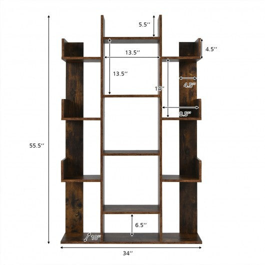 Tree-Shaped Bookshelf with 13 Compartments for Home Office-Rustic Brown