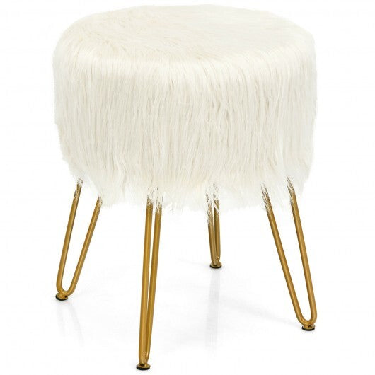 Faux Fur Vanity Stool Chair with Metal Legs for Bedroom and Living Room-White - Color: White