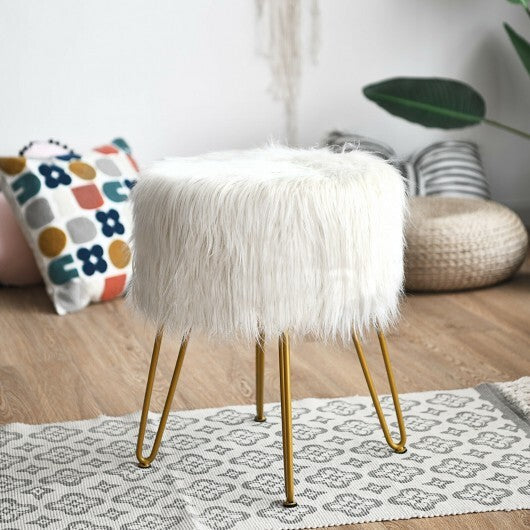 Faux Fur Vanity Stool Chair with Metal Legs for Bedroom and Living Room-White - Color: White