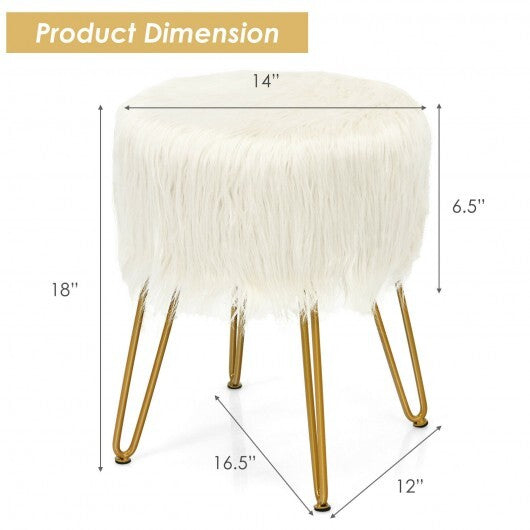 Faux Fur Vanity Stool Chair with Metal Legs for Bedroom and Living Room-White - Color: White
