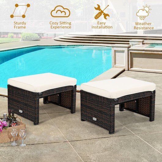 2 Pieces Patio Rattan Ottomans with Soft Cushion for Patio and Garden-Red