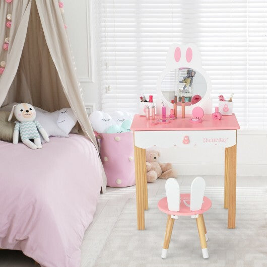 Kids Vanity Set Rabbit Makeup Dressing Table Chair Set with Mirror and Drawer-White