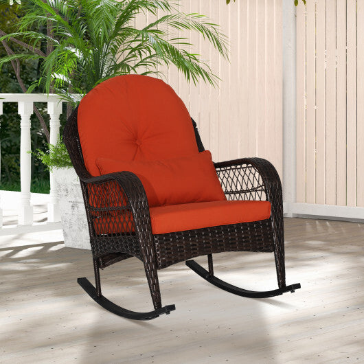 Patio Rattan Rocking Chair with Seat Back Cushions and Waist Pillow-White