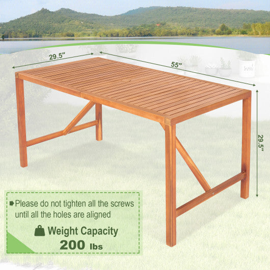 55 Inch Patio Rectangular Acacia Wood Dining Table with Umbrella Hole