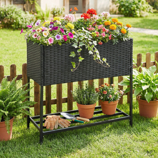 Wicker Raised Garden Bed with Storage Shelf and Removable Liner for Flowers