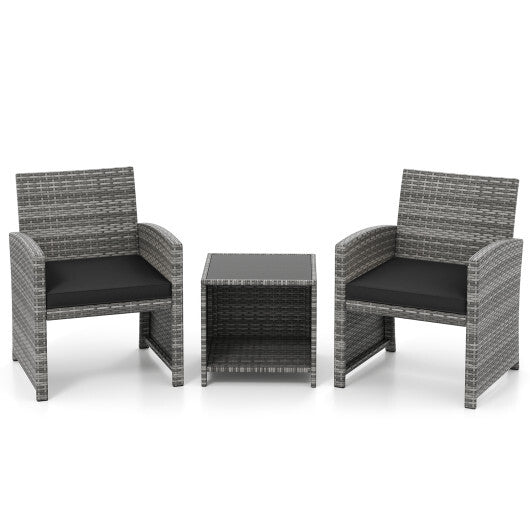 3 Pieces Patio Furniture Set with Tempered Glass Coffee Table and Soft Seat Cushions-White