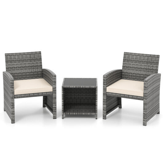 3 Pieces Patio Furniture Set with Tempered Glass Coffee Table and Soft Seat Cushions-White
