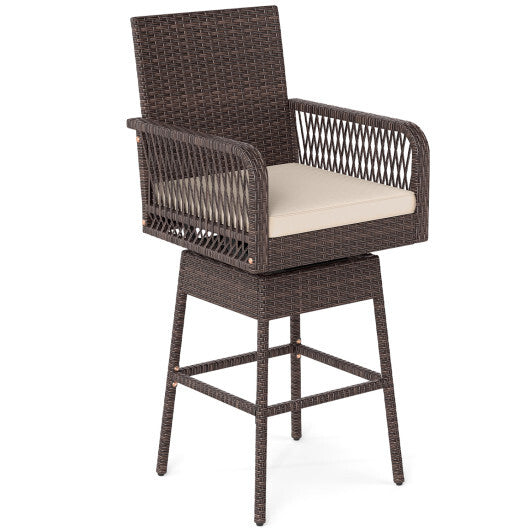 29" Bar Height Patio 360? Swivel Bar Stool with Cross-Woven Armrests Footrest and Seat Cushion-Brown