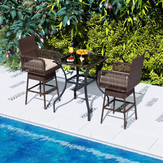 29" Bar Height Patio 360? Swivel Bar Stool with Cross-Woven Armrests Footrest and Seat Cushion-Brown