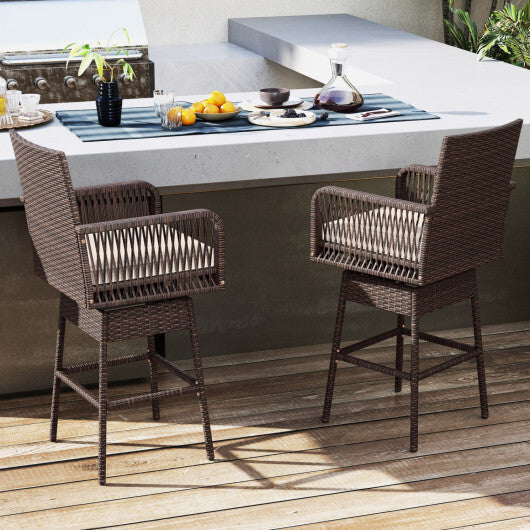 29" Bar Height Patio 360? Swivel Bar Stool with Cross-Woven Armrests Footrest and Seat Cushion-Brown
