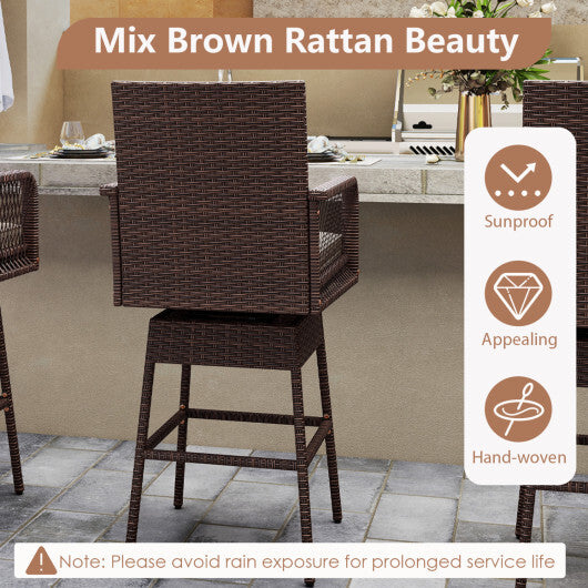 29" Bar Height Patio 360? Swivel Bar Stool with Cross-Woven Armrests Footrest and Seat Cushion-Brown