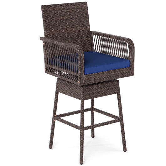 29" Bar Height Patio 360? Swivel Bar Stool with Cross-Woven Armrests Footrest and Seat Cushion-Brown