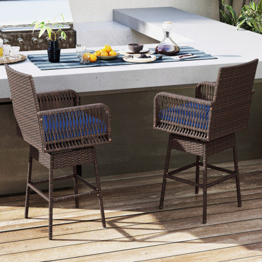 29" Bar Height Patio 360? Swivel Bar Stool with Cross-Woven Armrests Footrest and Seat Cushion-Brown