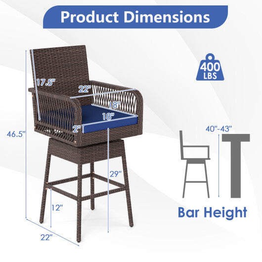 29" Bar Height Patio 360? Swivel Bar Stool with Cross-Woven Armrests Footrest and Seat Cushion-Brown