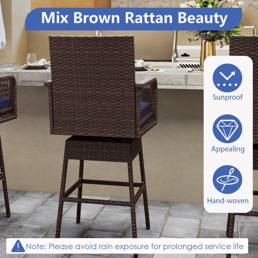 29" Bar Height Patio 360? Swivel Bar Stool with Cross-Woven Armrests Footrest and Seat Cushion-Brown