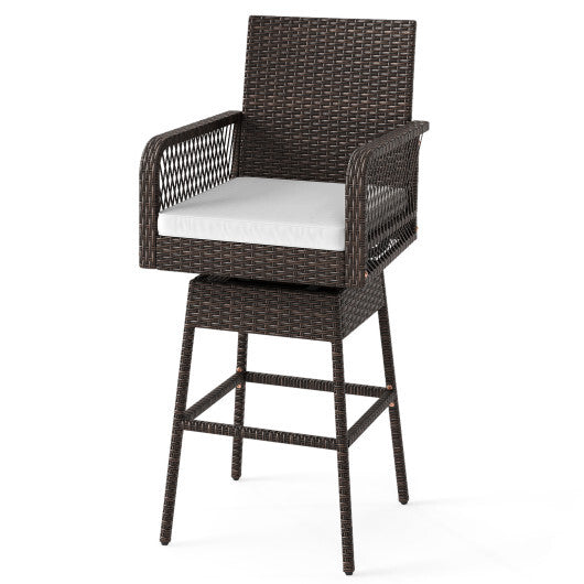 29 Inches Patio 360? Swivel Bar Stool with Cross-Woven Armrests and Seat Cushion-White