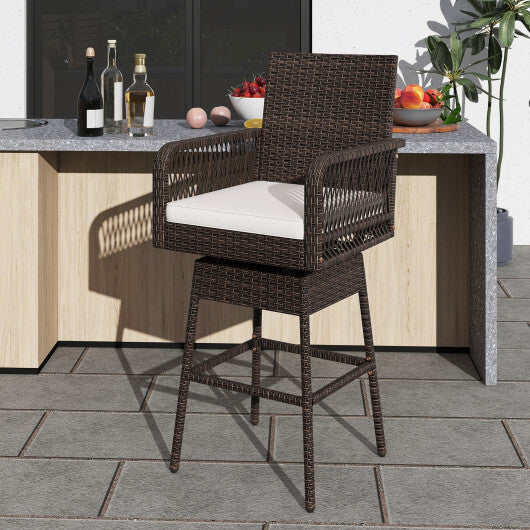 29 Inches Patio 360? Swivel Bar Stool with Cross-Woven Armrests and Seat Cushion-White