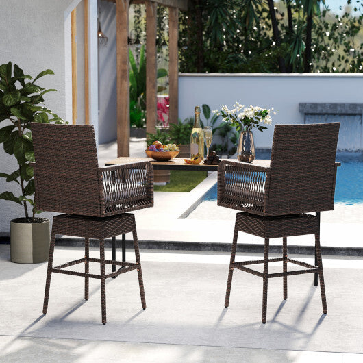 29 Inches Patio 360? Swivel Bar Stool with Cross-Woven Armrests and Seat Cushion-White
