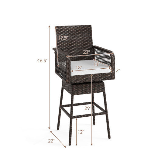 29 Inches Patio 360? Swivel Bar Stool with Cross-Woven Armrests and Seat Cushion-White