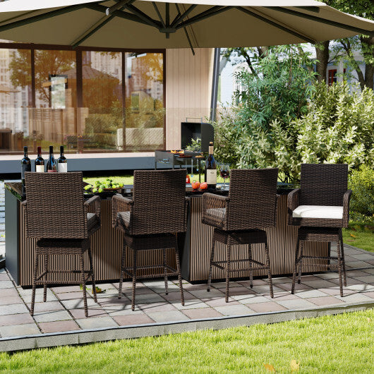 29 Inches Patio 360? Swivel Bar Stool with Cross-Woven Armrests and Seat Cushion-White