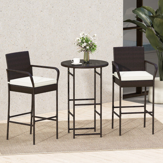 3 Piece Outdoor Bar Set with 2 Seat Cushions for Porch Yard-White