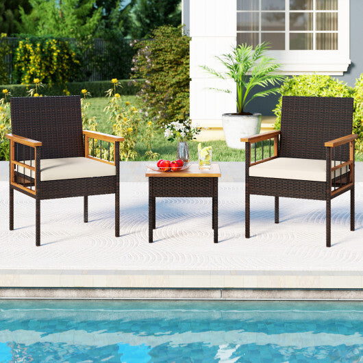3 Piece Wicker Furniture Set with Acacia Wood Tabletop and Armrest for Balcony-White