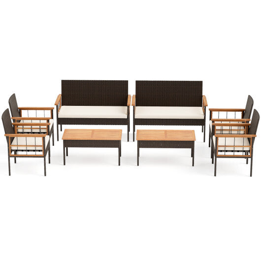 4 Pieces Wicker Furniture Set with Acacia Wood Tabletop and Armrests for Porch-White