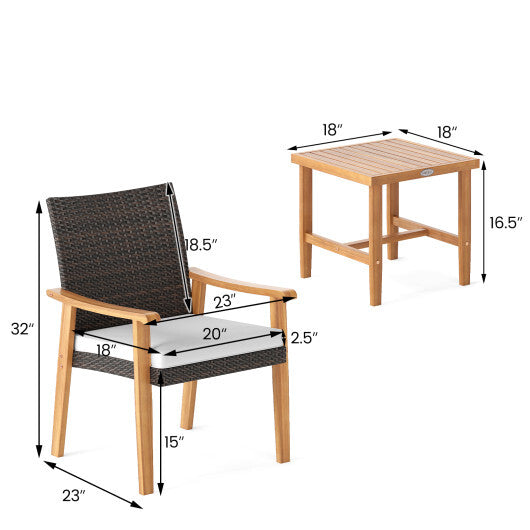 3 Pieces Patio PE Wicker Furniture Set Acacia Wood Outdoor Conversation Bistro Set-White