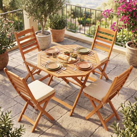 Acacia Wood Outdoor Folding Dining Table for 4 Octagonal with Slatted Tabletop