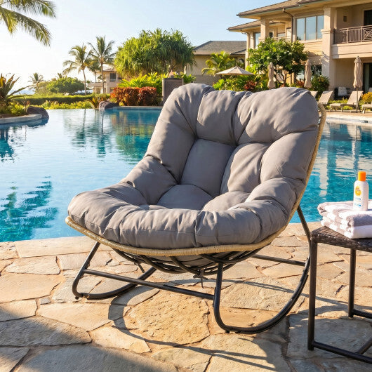 Outdoor Papasan Rocking Chair with Thick Cushioned Seat for Patio-Gray