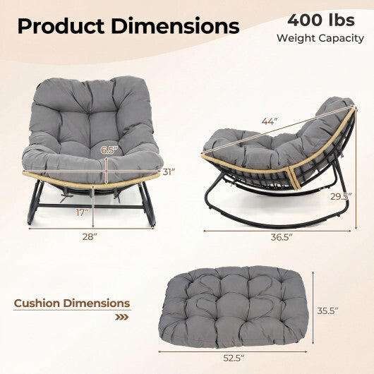 Outdoor Papasan Rocking Chair with Thick Cushioned Seat for Patio-Gray