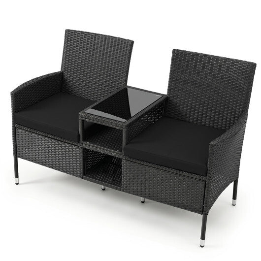Outdoor Wicker Patio Loveseat with Built-in Glass Side Table-Black