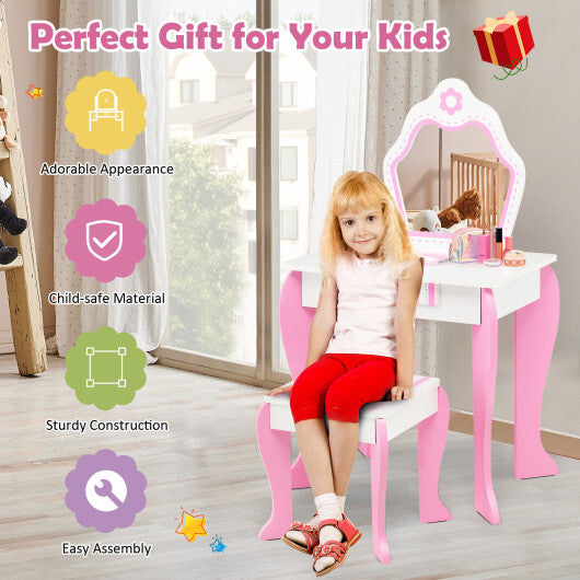 2-in-1 Toddler Vanity Set with Detachable Top & Cute Flower Patterns-White - Color: White