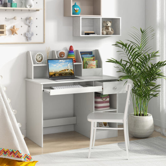 Kids Study Desk Children Writing Table with Drawer Shelves and Keyboard Tray-Natural
