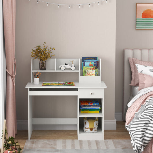 Kids Study Desk Children Writing Table with Drawer Shelves and Keyboard Tray-Natural