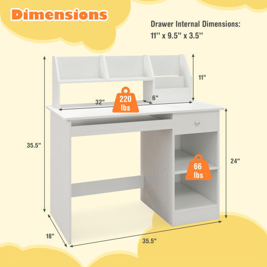 Kids Study Desk Children Writing Table with Drawer Shelves and Keyboard Tray-Natural