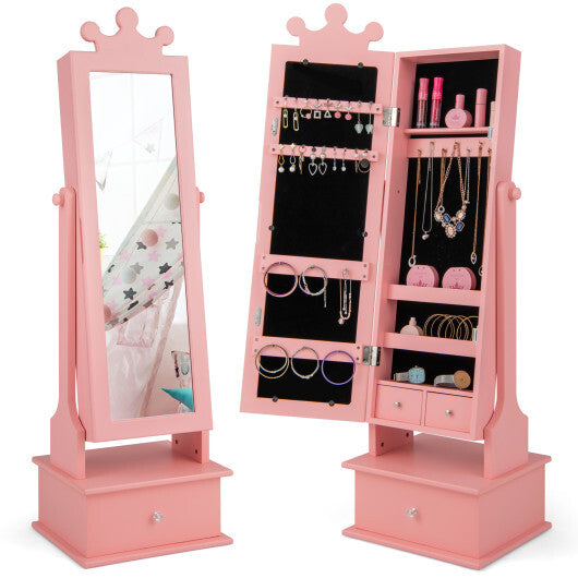 2-in-1 Kids Play Jewelry Armoire with Full Length Mirror and Drawers-White
