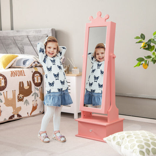 2-in-1 Kids Play Jewelry Armoire with Full Length Mirror and Drawers-White