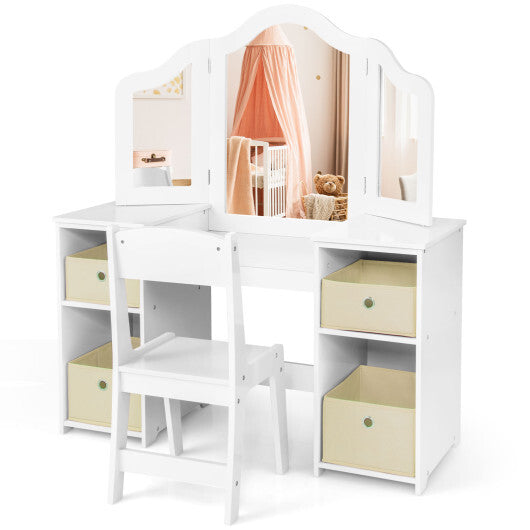 Kids Vanity Table and Chair Set with Removable Mirrors and 4 Storage Bins-Pink