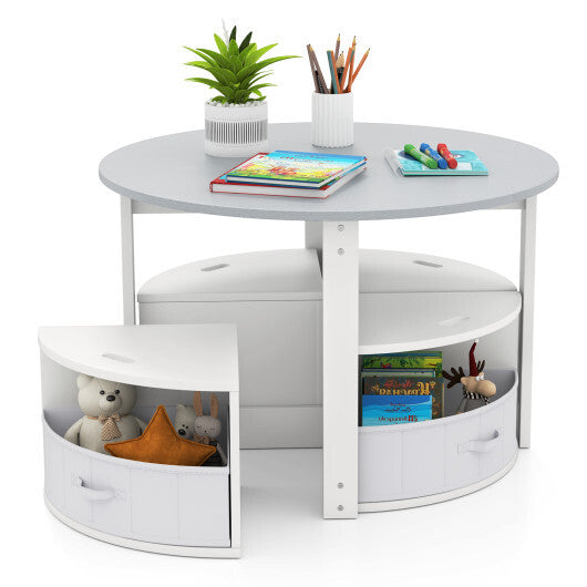 5 Piece Toddler Round Nesting Table with 4 Storage Stools for Activity-Grey
