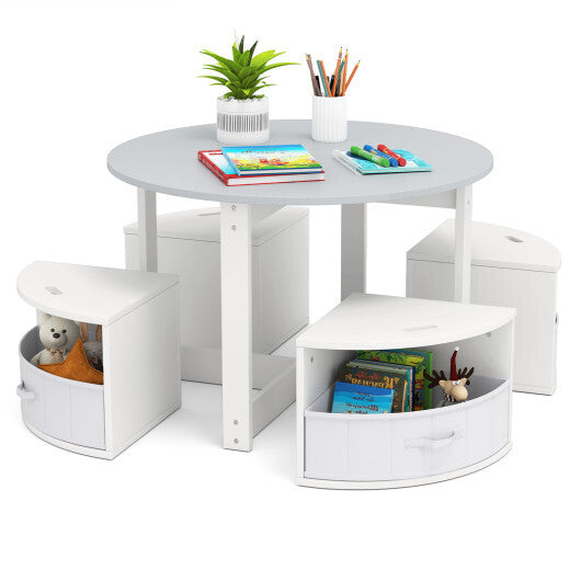 5 Piece Toddler Round Nesting Table with 4 Storage Stools for Activity-Grey