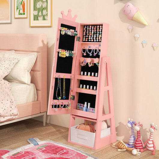 Free-Standing Full Length Kids Jewelry Armoire Cabinet with Storage Capacity-White