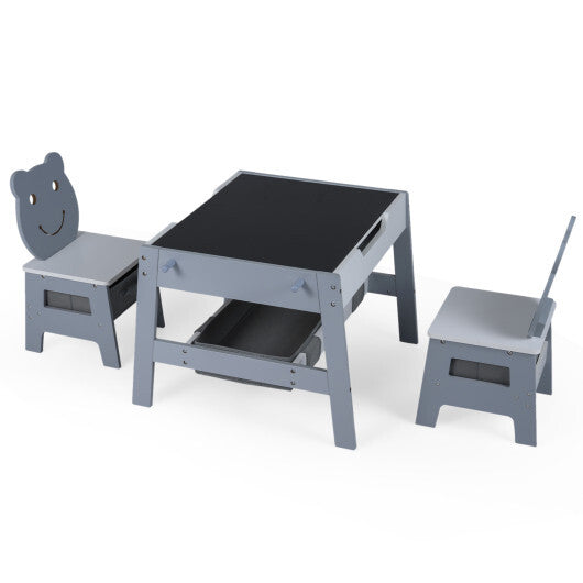 Toddler Table and 2 Chairs 5-in-1 Cute Art Desk Set with Reversible Chalkboard Whiteboard-Grey