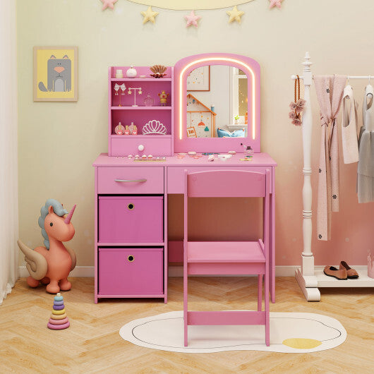 Kids Vanity Set with Lighted Mirror Makeup Desk and Chair Set with Drawers-White