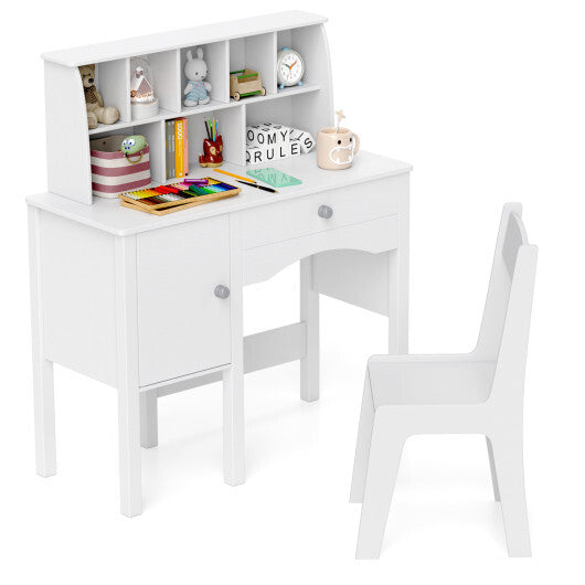 Kids Study Desk and Chair Set with Chair Hutch and Storage Cabinet for 3+ Years Old-Pink