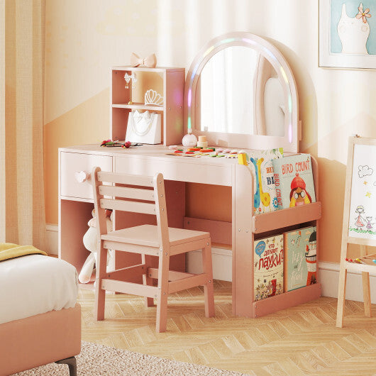 Kids Vanity Table and Chair Set with Lighted Mirror for Kids Aged 3+ Years Old-White
