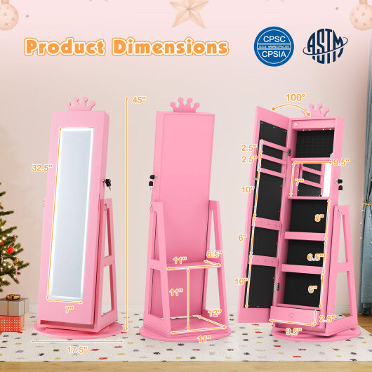 3 In 1 Kids Jewelry Cabinet with 3-Color Lighted Full Length Mirror and Internal Mirror-White