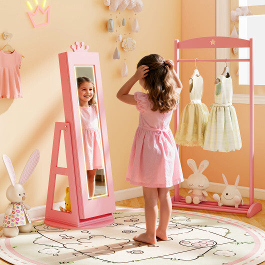 3 In 1 Kids Jewelry Cabinet with 3-Color Lighted Full Length Mirror and Internal Mirror-White